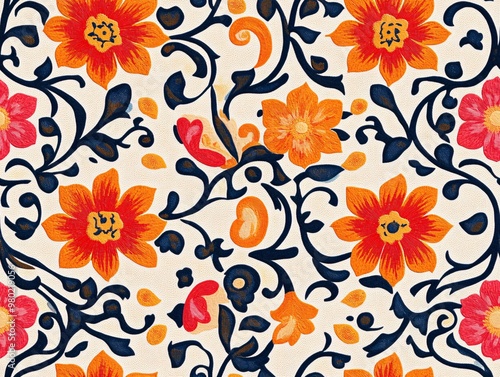 Wallpaper Mural A floral patterned wallpaper with orange and blue flowers Torontodigital.ca
