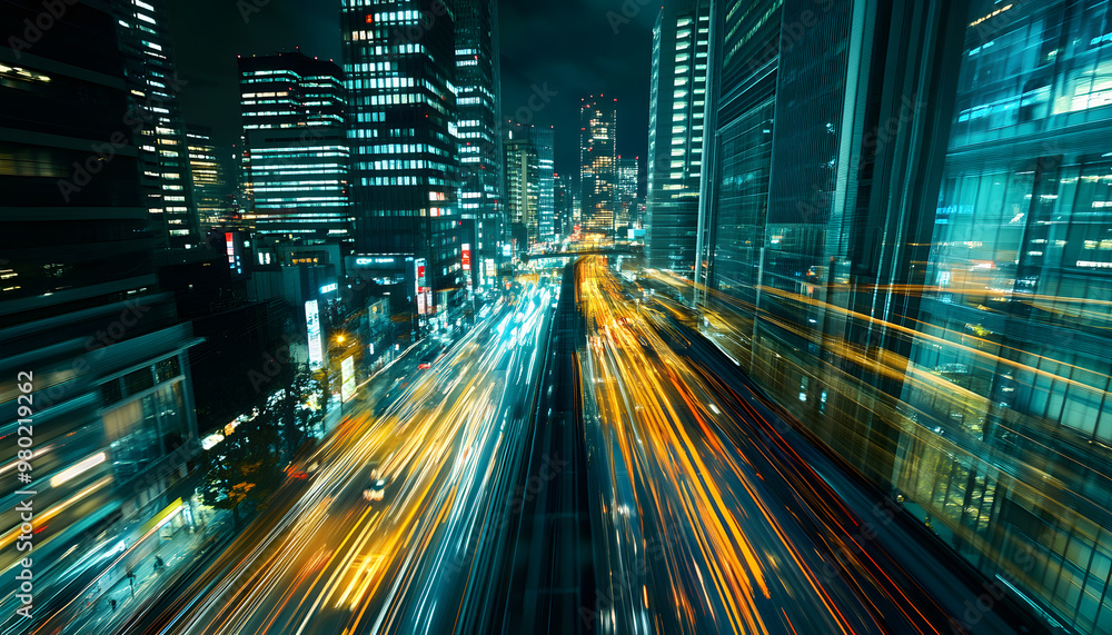 A bustling city at night, with skyscrapers illuminated and traffic creating streaks of light A bustling city at night, with skyscrapers illuminated and traffic creating streaks of light