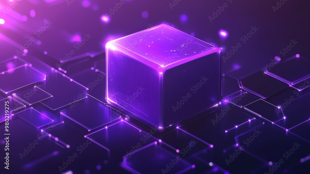 Abstract Geometric Background Featuring Hexagonal Blocks and a Purple Glowing Cube for Technology and Blockchain Concepts in Digital Advertising Abstract Geometric Background Featuring Hexagonal Blocks and a Purple Glowing Cube for Technology and Blockchain Concepts in Digital Advertising
