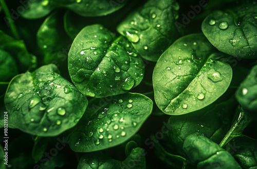 fresh green spinach leaves with water drops on them
