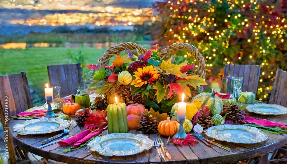 A New England Thanksgiving table, adorned with rustic charm, boasts a cornucopia of autumnal bounty, pewter candlesticks, and heirloom plates, evoking warmth and timeless tradition. A New England Thanksgiving table, adorned with rustic charm, boasts a cornucopia of autumnal bounty, pewter candlesticks, and heirloom plates, evoking warmth and timeless tradition.
