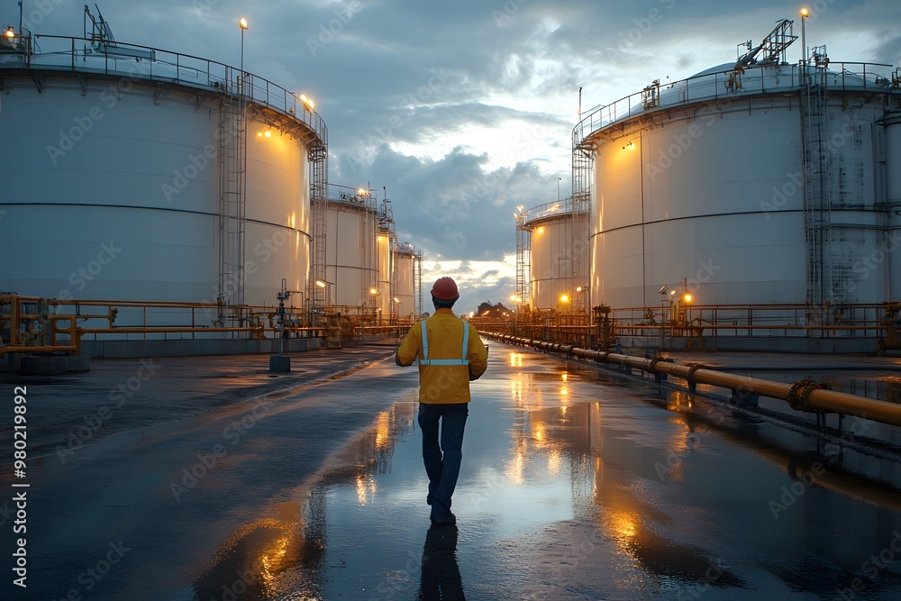A maintenance supervisor performing an on-site inspection of oil storage tanks, ensuring safe storage of oil products and preventing leaks through regular maintenance and safety checks.