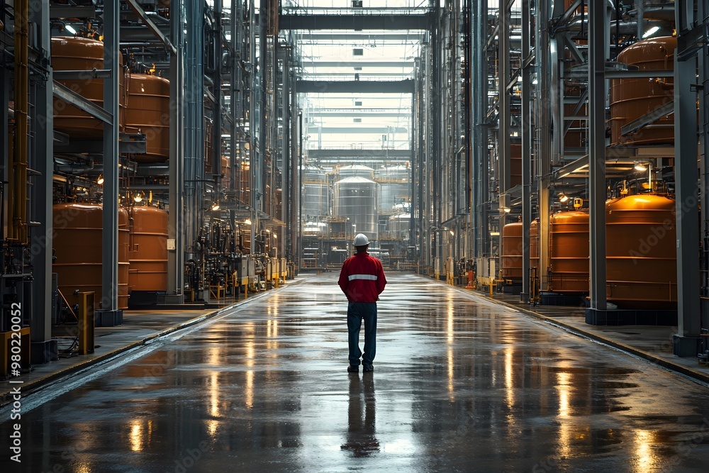 Obraz premium A maintenance supervisor performing an on-site inspection of oil storage tanks, ensuring safe storage of oil products and preventing leaks through regular maintenance and safety checks.