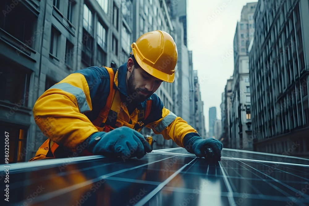 Workers install solar panels on a rooftop under a clear sky during the early morning hours Workers install solar panels on a rooftop under a clear sky during the early morning hours