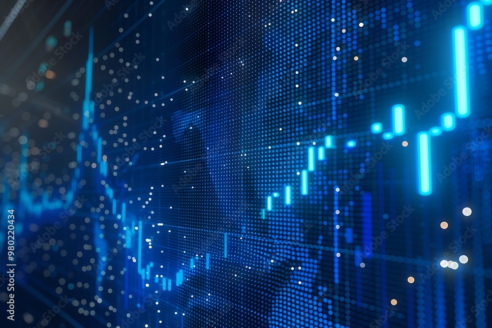 Blue stock graph soaring on LED screen, glowing data points Blue stock graph soaring on LED screen, glowing data points