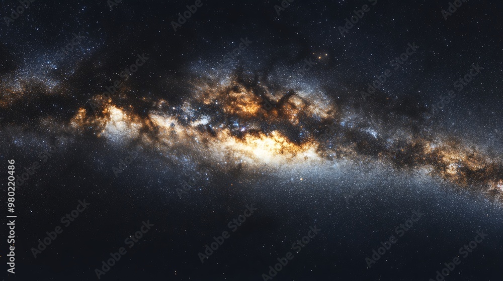 A stunning view of the Milky Way galaxy, with its bright core and swirling clouds of gas and dust. A stunning view of the Milky Way galaxy, with its bright core and swirling clouds of gas and dust.