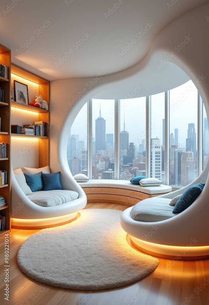 Fototapeta premium Modern Kids' Bedroom with a Touch of Nature: Cloud Theme and Floor-to-Ceiling Windows