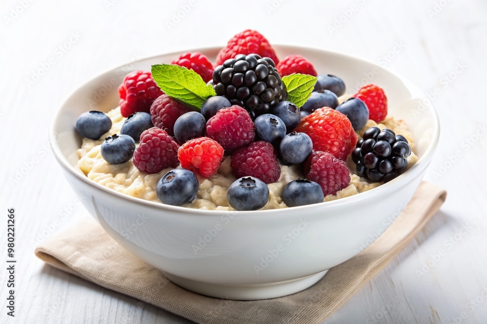 Freshly cooked oatmeal topped with a mix of juicy blueberries, raspberries, and blackberries, served in a clean white bowl on a crisp white background. Freshly cooked oatmeal topped with a mix of juicy blueberries, raspberries, and blackberries, served in a clean white bowl on a crisp white background.