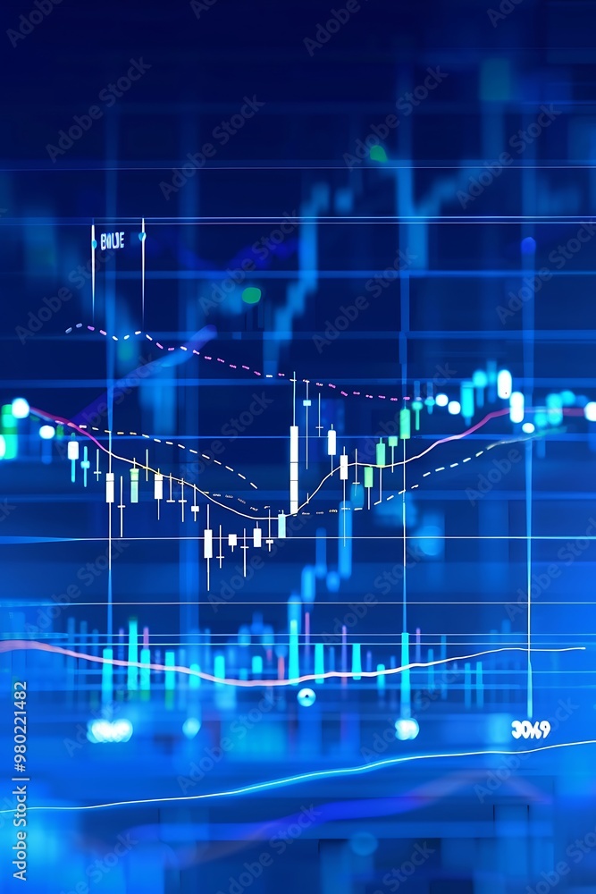 Bullish candlestick chart, stock market, blue theme, rising lines. Bullish candlestick chart, stock market, blue theme, rising lines.