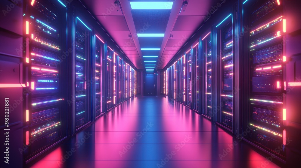 Fototapeta premium Neon-Lit Server Room Corridor