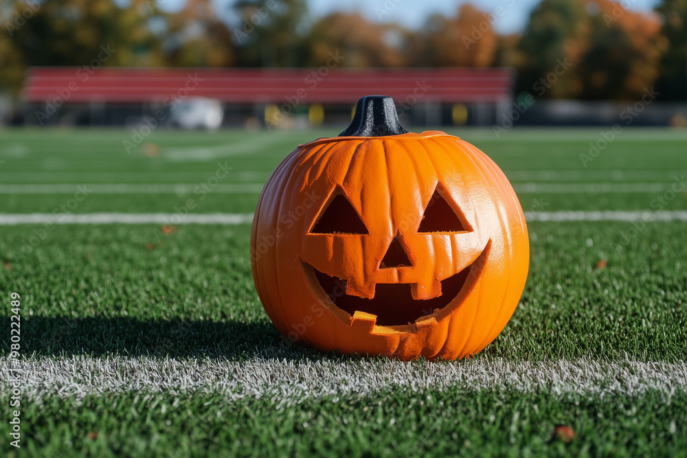 halloween pumpkin on grass football field halloween pumpkin on grass football field