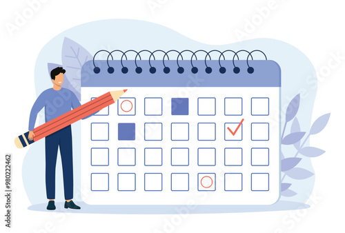 Characters planning work tasks and making schedule using calendar. Man with pencil appointing date of event and making note in calendar. Business and organization concept. Vector illustration.