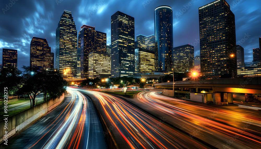 Fototapeta premium A bustling city at night, with skyscrapers illuminated and traffic creating streaks of light