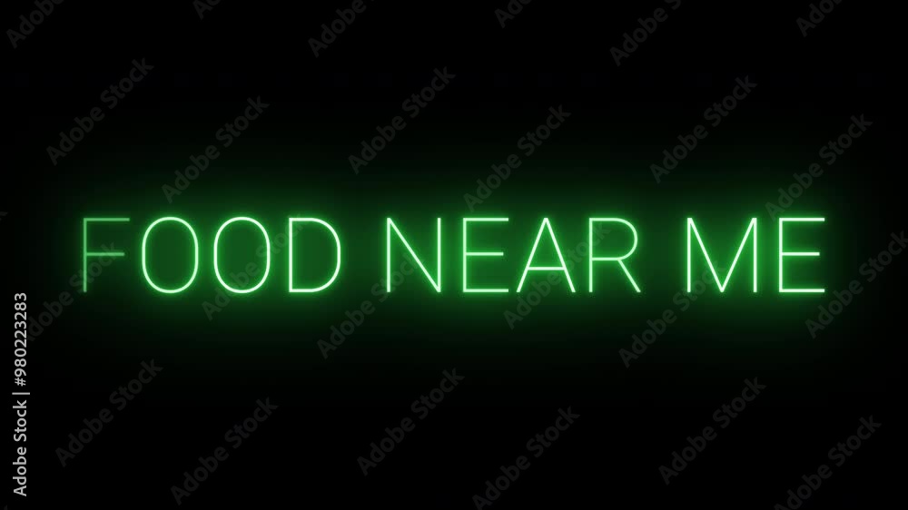Flickering neon green glowing food near me text animated on black background Flickering neon green glowing food near me text animated on black background