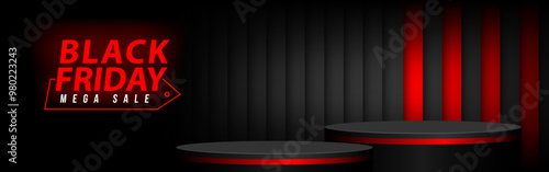 Black Friday Sale concept Stage podium for product display. Modern scene backdrop horizontal design. Vector illustration.