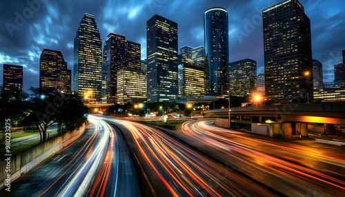 A bustling city at night, with skyscrapers illuminated and traffic creating streaks of light