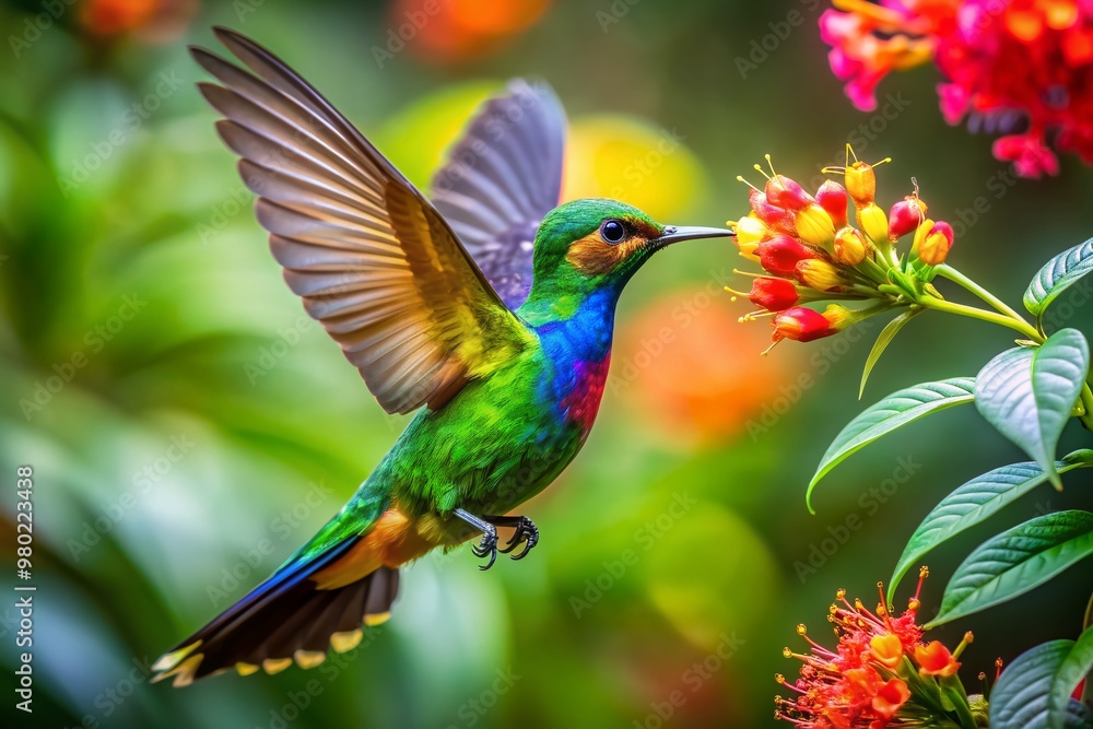 Fototapeta premium Vibrant bird spreads colorful wings, sipping nectar from exotic flowers amidst dense, lush foliage in a stunning tropical rainforest jungle landscape.