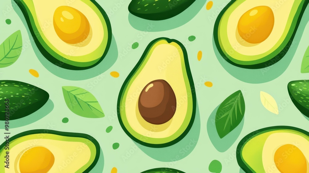Bright avocado pattern perfect for vibrant kitchen decor or healthy product packaging, showcasing a fun and fresh design. Bright avocado pattern perfect for vibrant kitchen decor or healthy product packaging, showcasing a fun and fresh design.
