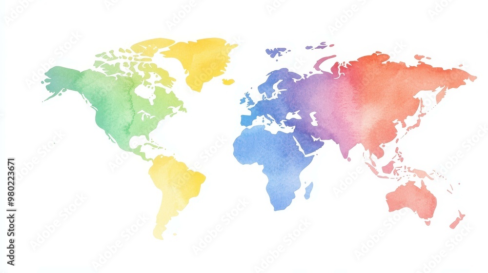 Fototapeta premium Bright watercolor map brings geography to life, perfect for travel lovers and adding color to any home decor.