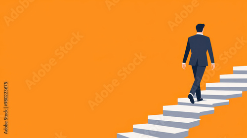 A sleek illustration of a businessman confidently walking down the stairs against a clean backdrop.