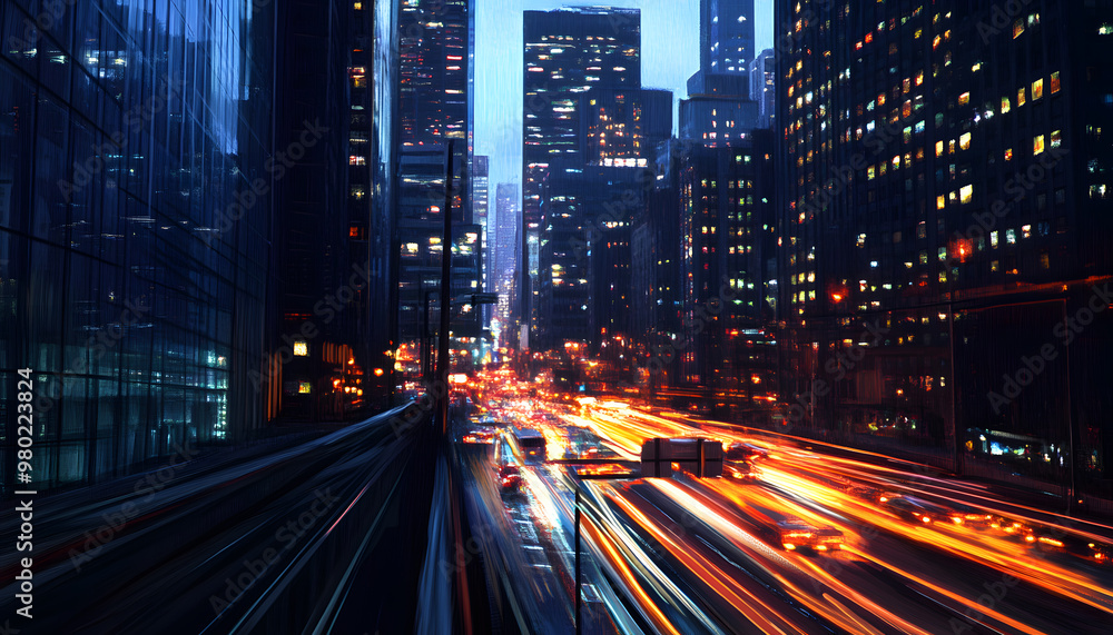 Naklejka premium A bustling city at night, with skyscrapers illuminated and traffic creating streaks of light