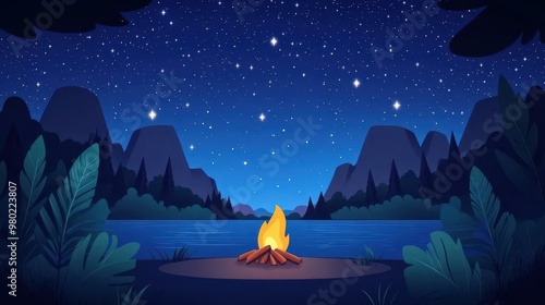 A cozy campfire glows bright under a starfilled sky, casting shadows on cliffs, creating a perfect night for stargazing. photo