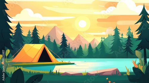 A vibrant camping scene at sunset, featuring a cozy tent by a serene forest lake. Embrace the beauty of nature