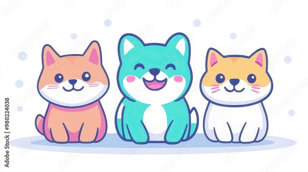 A charming cartoon puppy and a curious cat play in a colorful graphic, perfect for a cheerful logo A charming cartoon puppy and a curious cat play in a colorful graphic, perfect for a cheerful logo