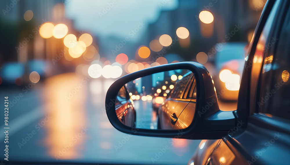 Close-up of a Car Side Mirror Reflecting a City at Night Close-up of a Car Side Mirror Reflecting a City at Night