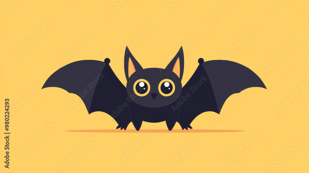 Obraz premium A whimsical bat hangs upside down, designed with simple shapes and soft pastel hues in a charming style.