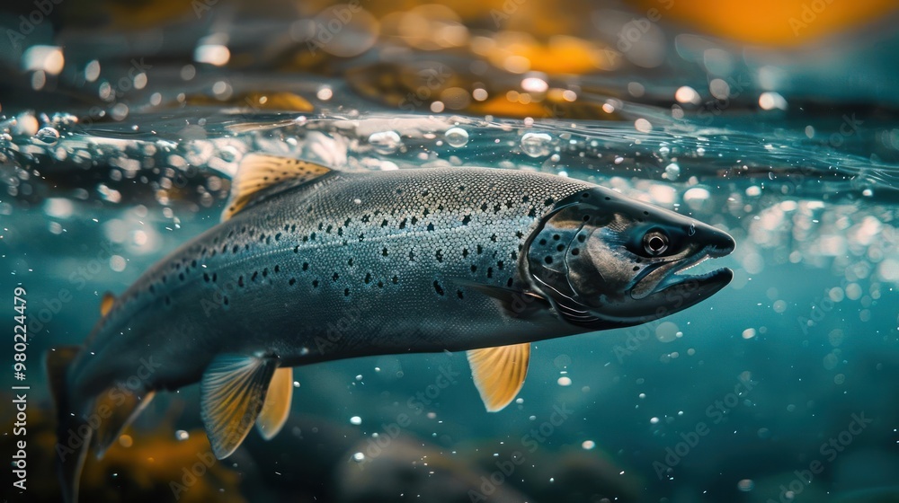 A large salmon swimming underwater, possibly during its migration. A large salmon swimming underwater, possibly during its migration.