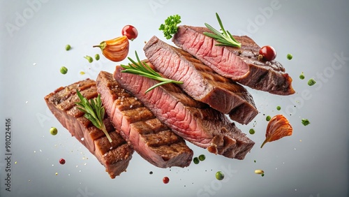 Savory beef steak slices soar through the air, perfectly grilled to perfection, against a crisp white background, evoking a sense of mouthwatering barbecue delight. photo