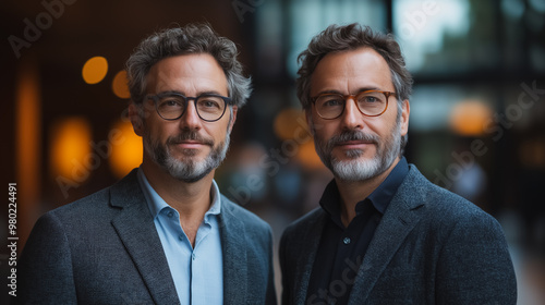 Two men wearing glasses and suits are standing next to each other. Scene is professional and formal photo