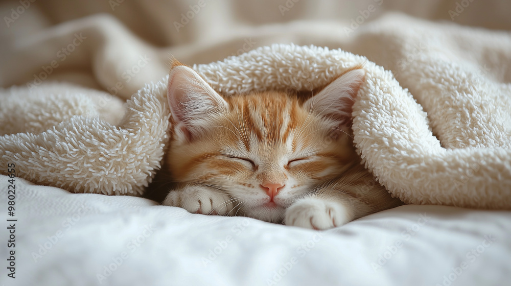 A kitten sleeping under a soft blanket on a bed, looking cozy and relaxed, isolated on a simple background A kitten sleeping under a soft blanket on a bed, looking cozy and relaxed, isolated on a simple background
