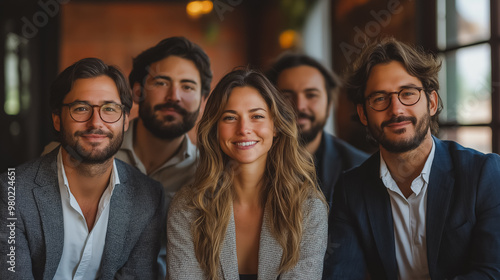 A group of people are smiling for a photo. The woman in the middle is wearing glasses and has long hair