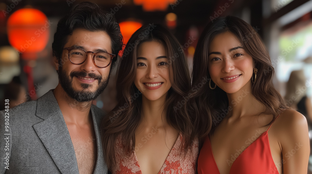 Three people posing for a photo, one of them wearing glasses. The man is smiling and the woman is smiling as well Three people posing for a photo, one of them wearing glasses. The man is smiling and the woman is smiling as well