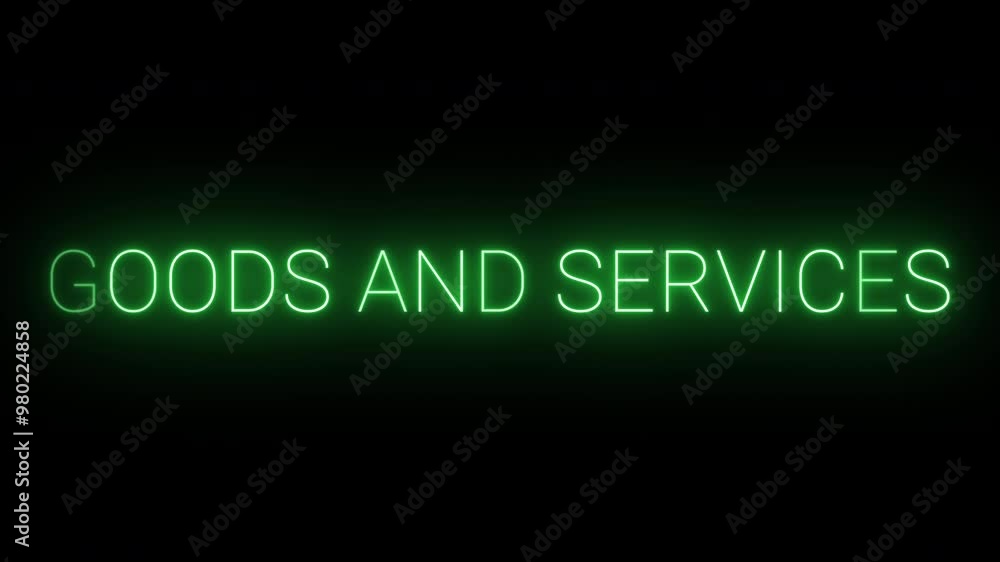 Flickering neon green glowing goods and services text animated on black background Flickering neon green glowing goods and services text animated on black background