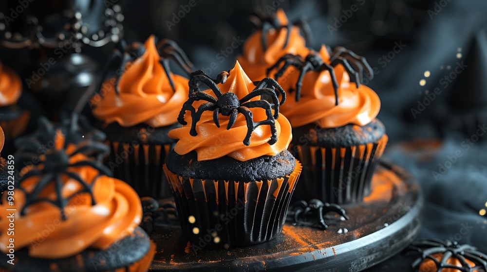 A spooky Halloween snack table featuring black cupcakes with orange frosting, decorated with sugar spiderwebs and plastic spiders. 8k UHD, suitable for high-quality printing or digital display. A spooky Halloween snack table featuring black cupcakes with orange frosting, decorated with sugar spiderwebs and plastic spiders. 8k UHD, suitable for high-quality printing or digital display.