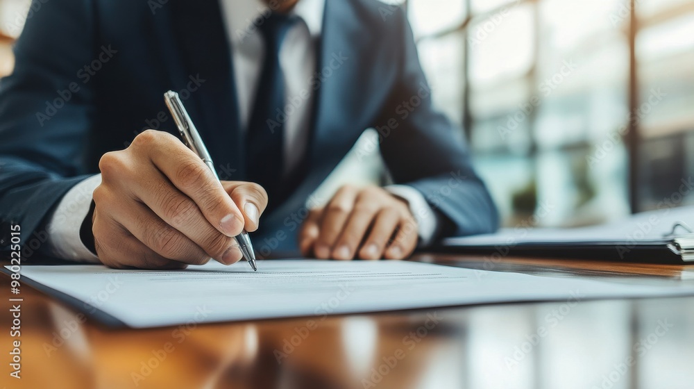 Close-up of confident businessman signing a contract, symbolizing price guarantees and business security, with financial documents blurred in the background to emphasize professionalism and trust. Close-up of confident businessman signing a contract, symbolizing price guarantees and business security, with financial documents blurred in the background to emphasize professionalism and trust.