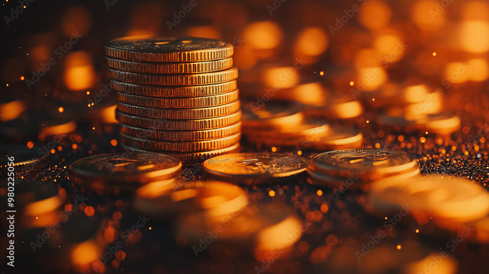 A pile of gold coins on a table. The coins are shiny and have a golden color. The pile is quite large and he is quite valuable A pile of gold coins on a table. The coins are shiny and have a golden color. The pile is quite large and he is quite valuable