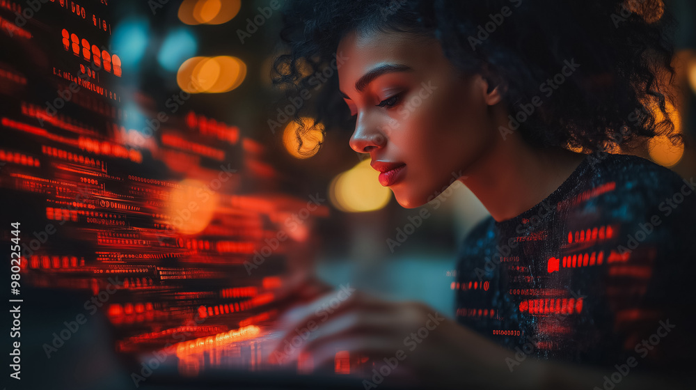 A woman is typing on a computer with a red background. Concept of technology and modernity, as well as a feeling of focus and concentration A woman is typing on a computer with a red background. Concept of technology and modernity, as well as a feeling of focus and concentration