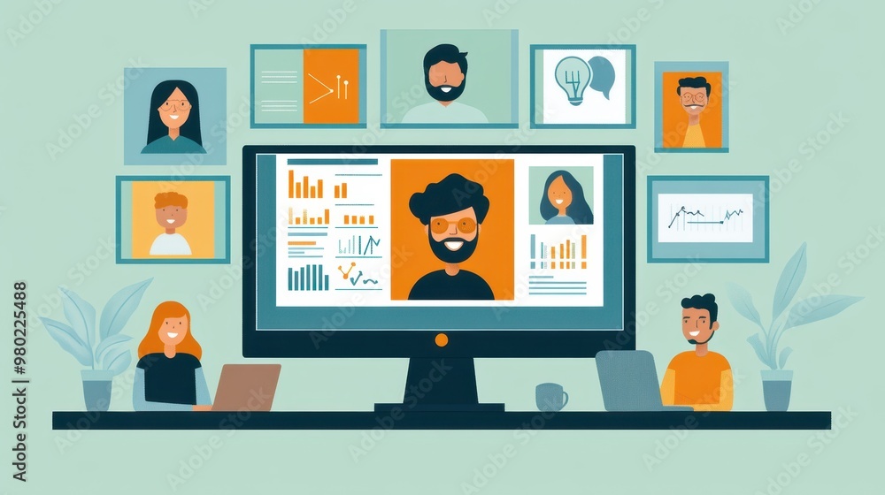 Remote Team Meeting with Charts and Graphs on Computer Screen Remote Team Meeting with Charts and Graphs on Computer Screen