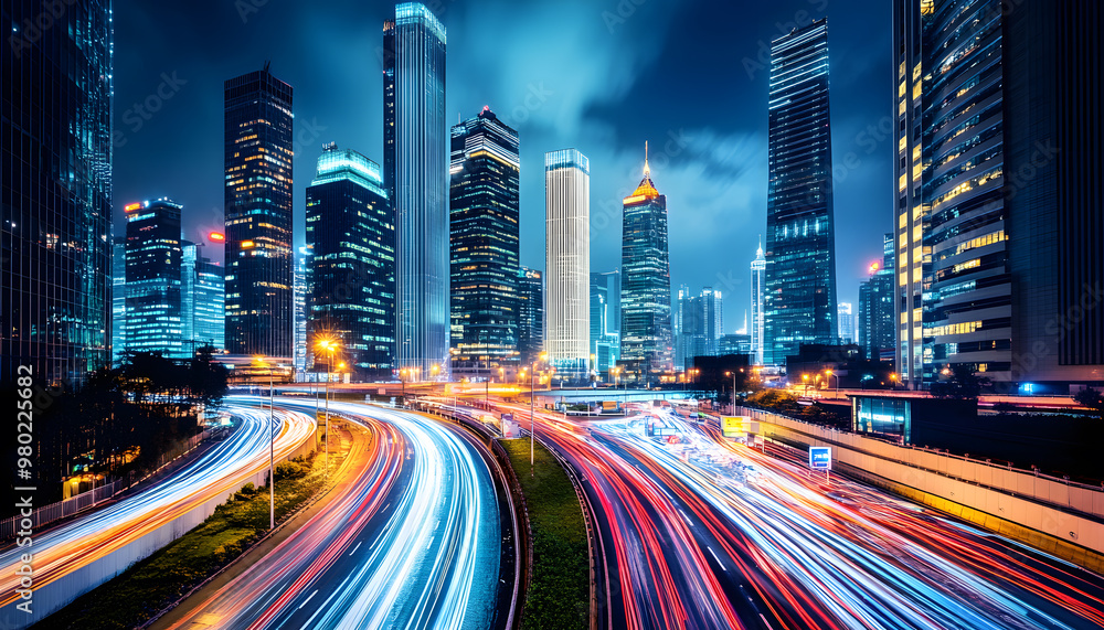 A bustling city at night, with skyscrapers illuminated and traffic creating streaks of light A bustling city at night, with skyscrapers illuminated and traffic creating streaks of light