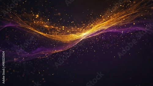 Shiny abstract background of golden lights on dark purple wallpaper, sparkles and bright lights