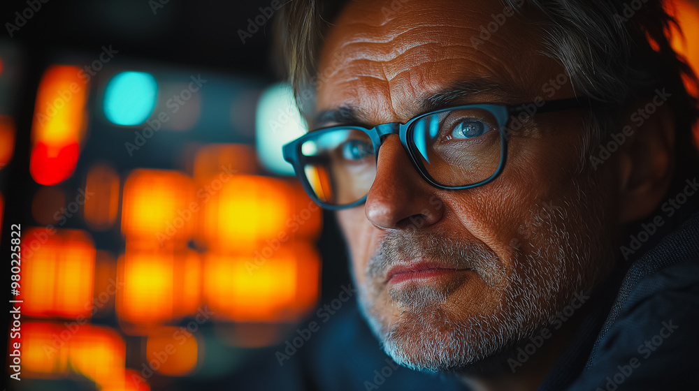 A man with glasses is staring at the camera. The image has a moody and mysterious feel to it, as the man's gaze seems to be focused on something beyond the frame A man with glasses is staring at the camera. The image has a moody and mysterious feel to it, as the man's gaze seems to be focused on something beyond the frame