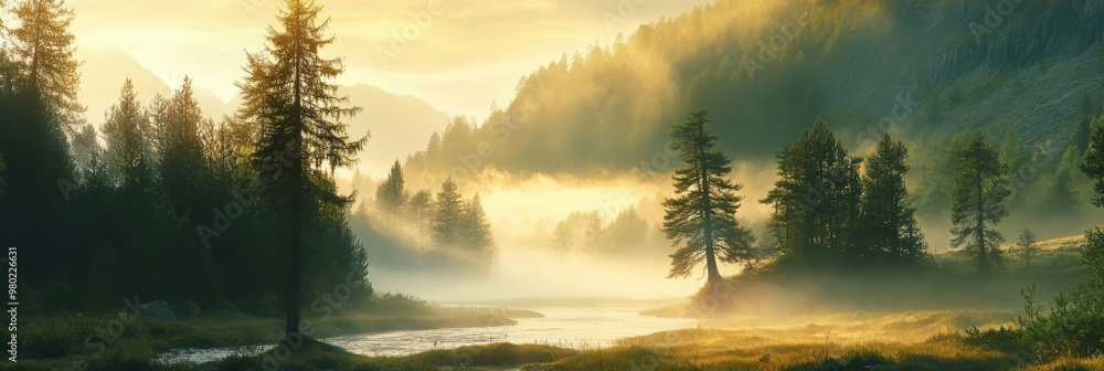 Beautiful travel background of a foggy mountain landscape, with forests and rivers illuminated by soft golden light Beautiful travel background of a foggy mountain landscape, with forests and rivers illuminated by soft golden light