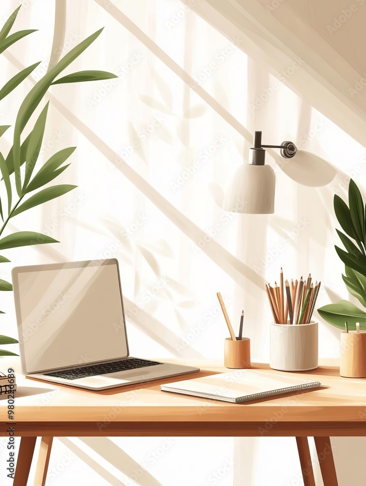 Artistic home office setup with sketchbooks, laptop, and creative tools, flat design, front view, design theme, animation, colored pastel Artistic home office setup with sketchbooks, laptop, and creative tools, flat design, front view, design theme, animation, colored pastel