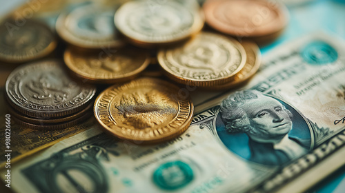 A pile of coins and a dollar bill. The coins are of different sizes and colors, and the dollar bill is blue