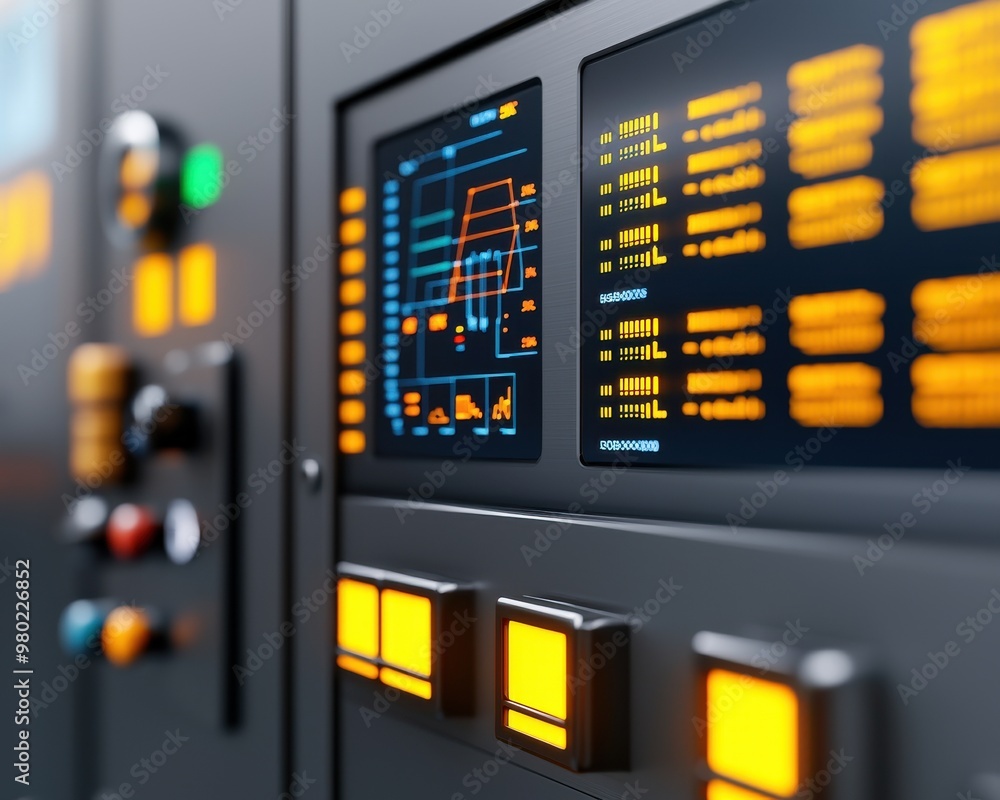 Close-up of a modern control panel showcasing digital interfaces and buttons with bright displays for technology applications. Close-up of a modern control panel showcasing digital interfaces and buttons with bright displays for technology applications.