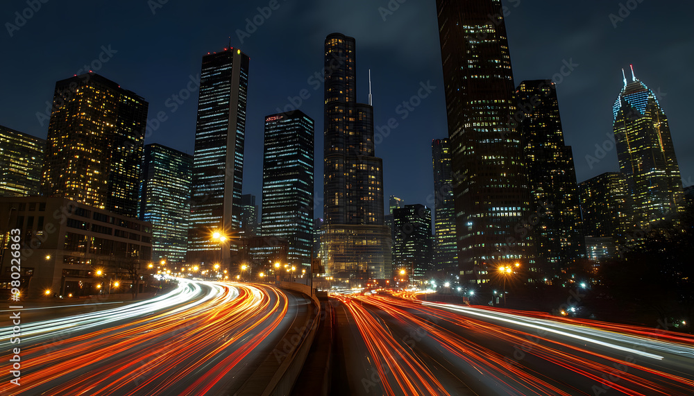 Fototapeta premium A bustling city at night, with skyscrapers illuminated and traffic creating streaks of light